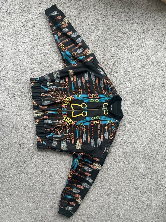Zara Jackets & Blazers - Zara Black Bomber Jacket with Teal, Yellow and Brown Chain Print